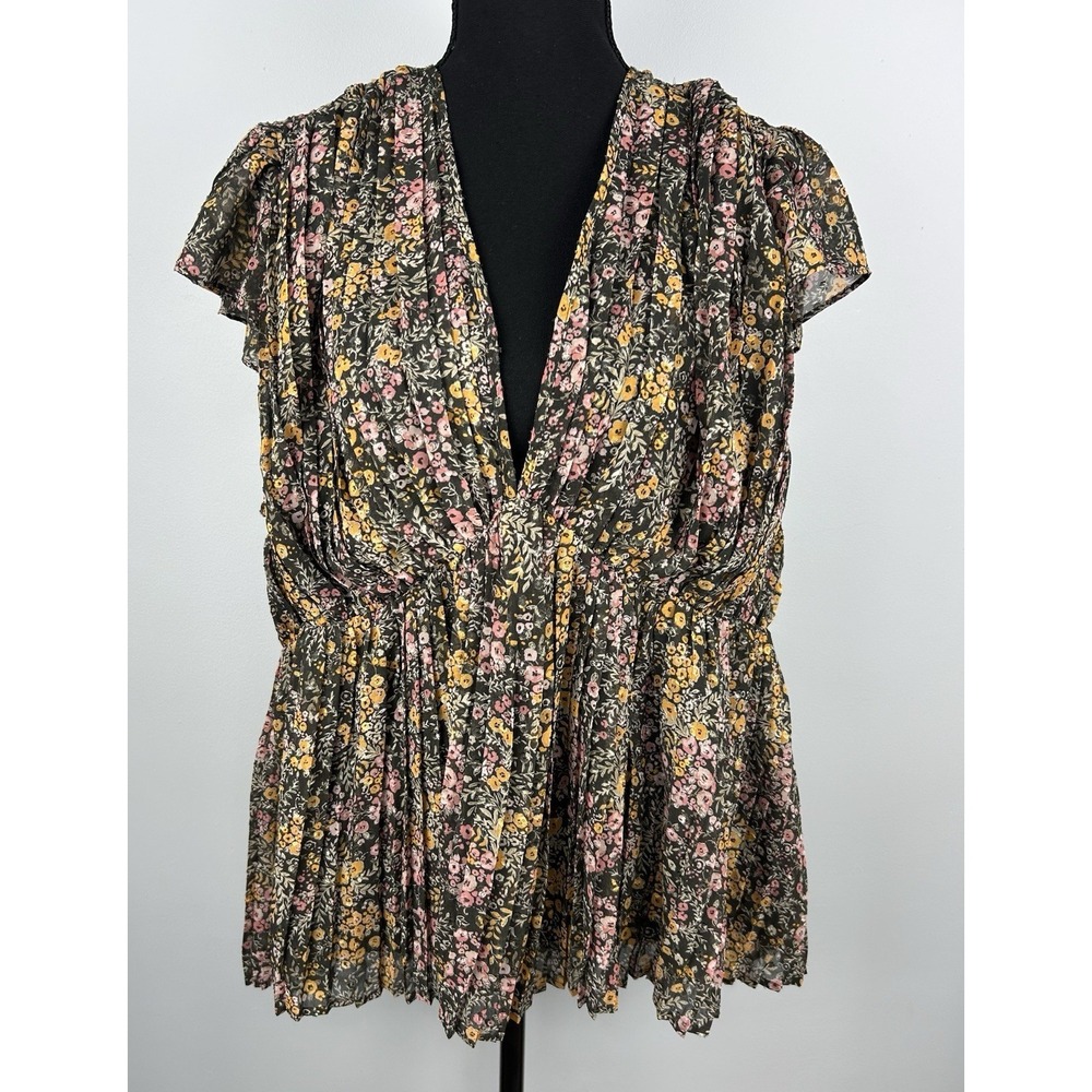 Les Serein Floral Ruffle Flutter Short Sleeve Blouse Black Multi 2X Polyester
